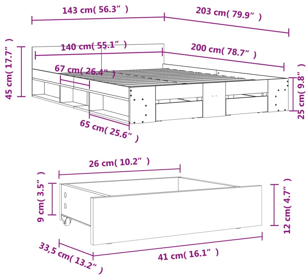 Estrutura de cama c/ gavetas 140x200cm derivados madeira branco