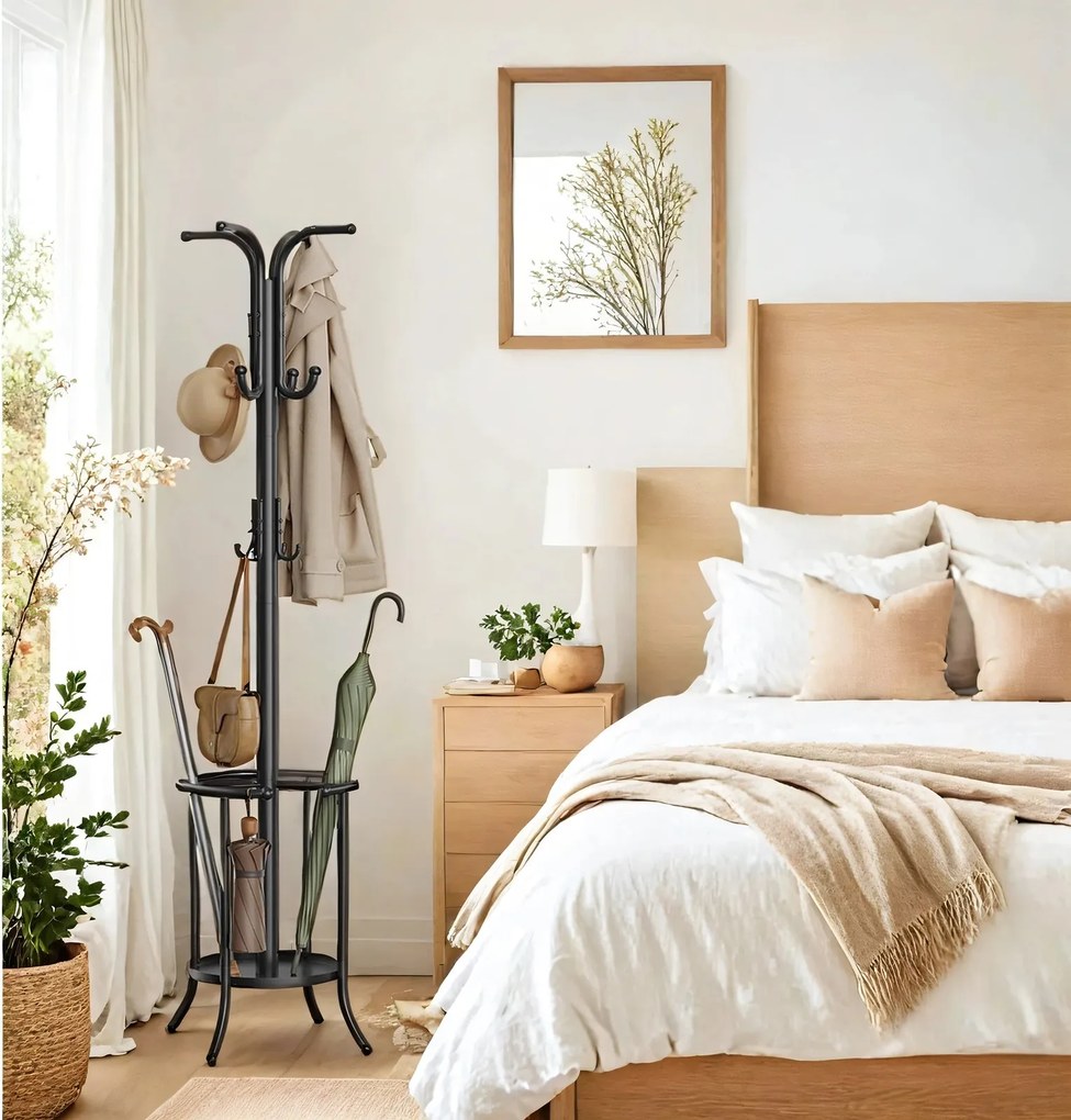 Cabide com porta-guarda-chuvas, 12 ganchos 40 x 40 x 175 cm preto