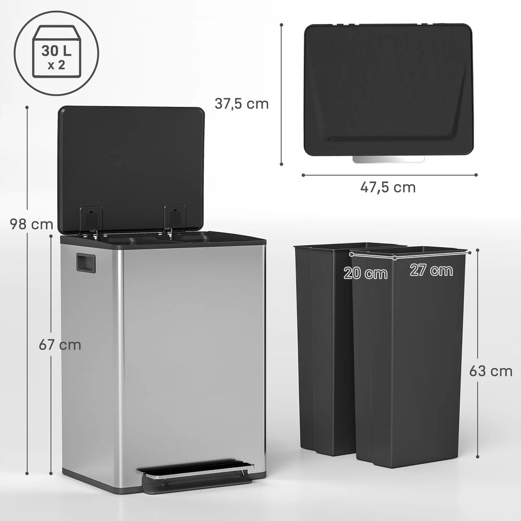 Caixote do lixo com dois compartimentos de 2 x 30 L, caixote do lixo de cozinha com pedal, tampa com fecho suave, 47,5 x 37,5 x 67 cm, prateado