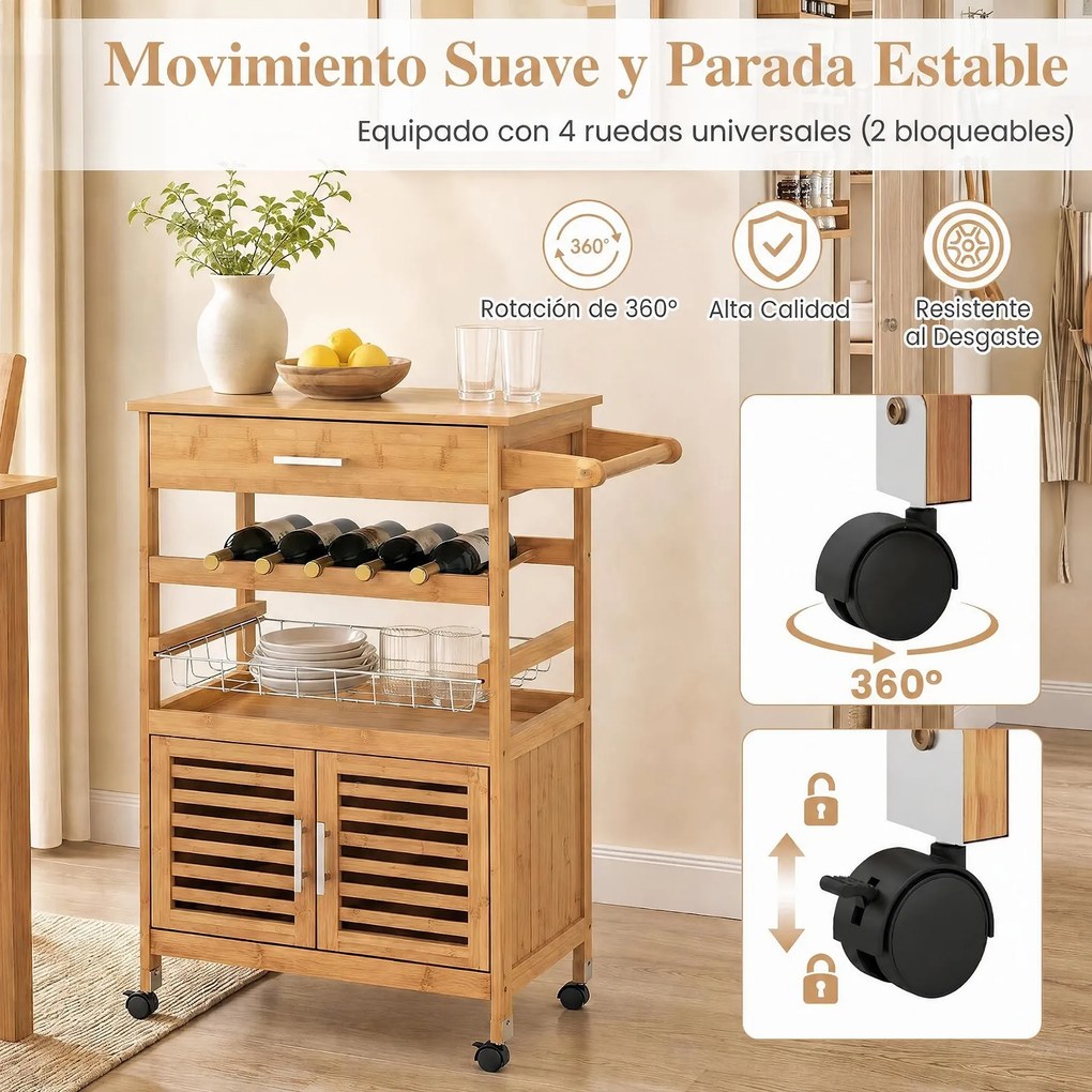 Carrinho de Cozinha com Rodas, 69 x 37 x 89 cm, Suporte para Garrafas de Vinho, Natural