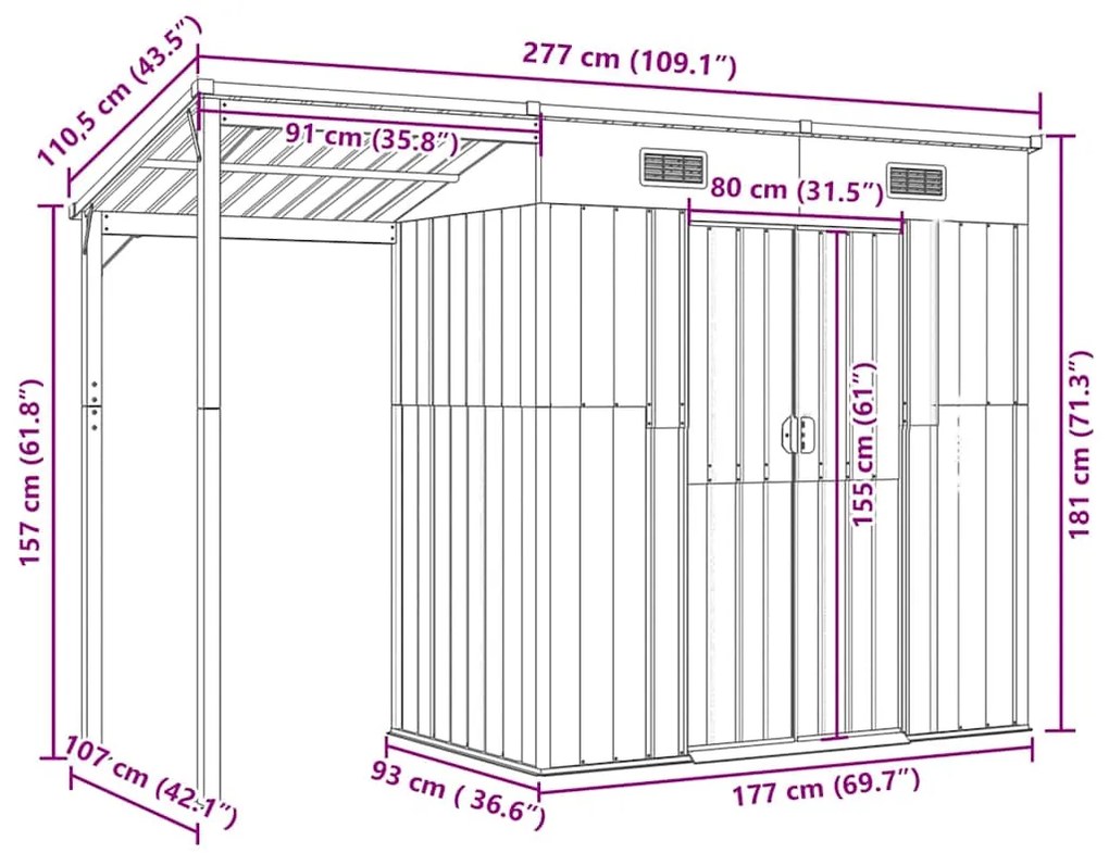 Abrigo de jardim c/ alpendre 277x107x181cm aço castanho-claro