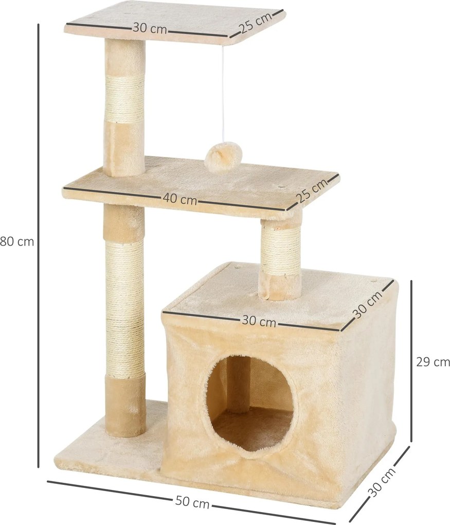 Arranhador para Gatos 50x30x81,5 cm Centro de Atividades para Gatos com Poste de Sisal Plataformas e Caverna Bege