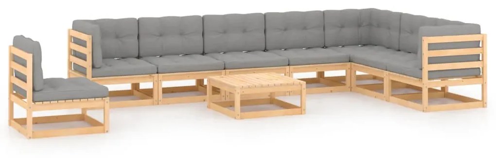 vidaXL 9 pcs conjunto lounge de jardim c/ almofadões pinho maciço