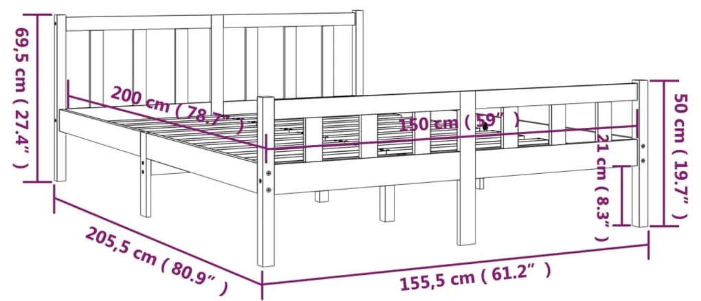 Estrutura de cama king 150x200 cm madeira maciça cinza