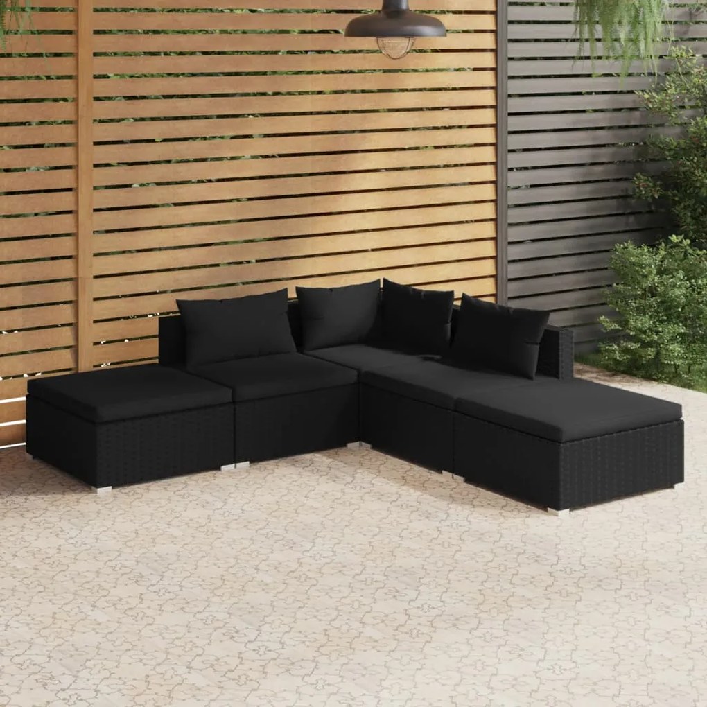 vidaXL 5 pcs conjunto lounge de jardim c/ almofadões vime PE preto