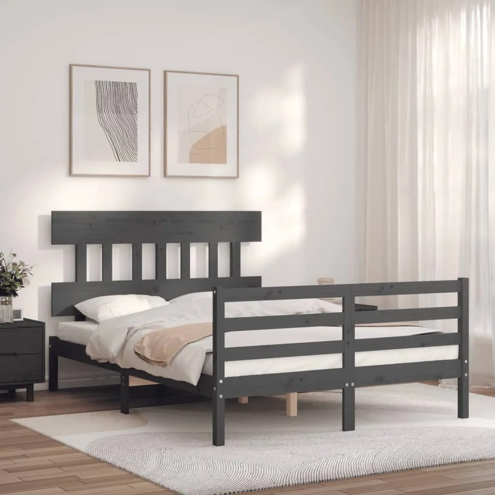 Estrutura de cama de casal c/ cabeceira madeira maciça cinzento