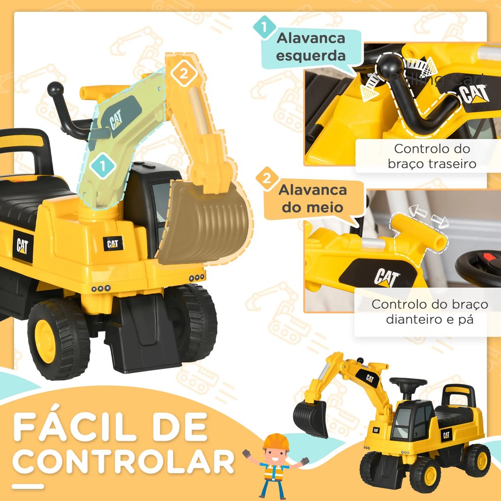 Andarilho Escavadora com Licença Caterpillar Escavadora para Crianças com Pá Dianteira e Buzina 85x27,5x47,5 cm Amarelo