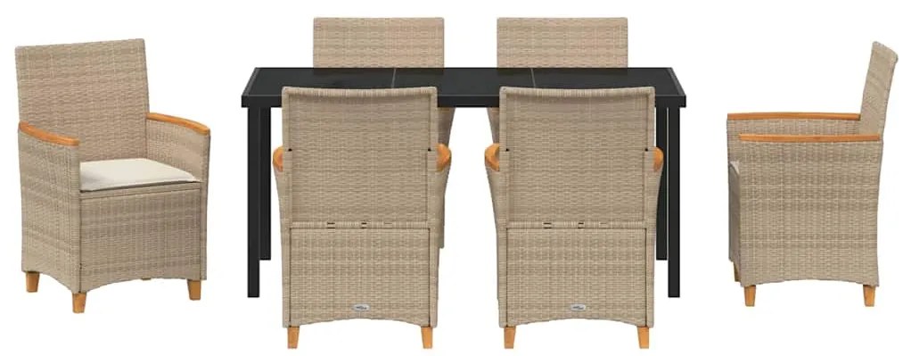 Conjunto de jantar de jardim com 7 peças e almofadas bege em rattan pl