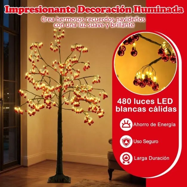 Árvore de Natal artificial de 150 cm com ramos flexíveis, 384 bolas vermelhas, 480 luzes LED brancas quentes e estacas de fixação preta