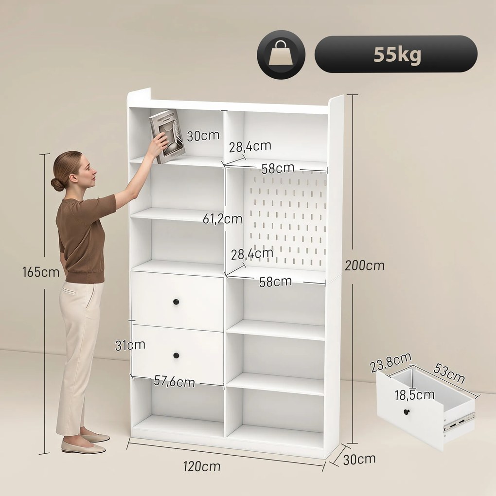 Estante para Livros Alta e Estreita com Painel Perfurado 2 Gavetas e 8 Compartimentos 120x30x200 cm Branco