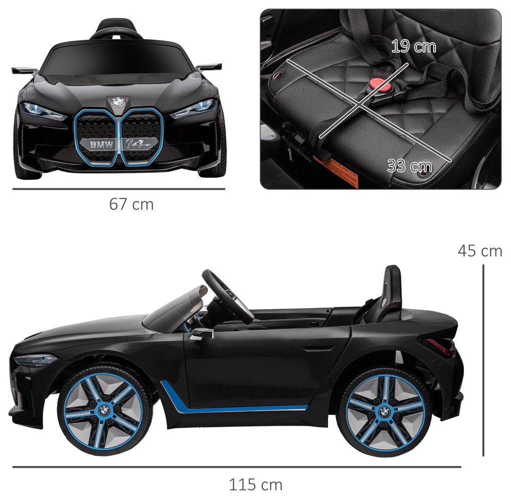 Carro Elétrico para Crianças BMW i4 12V com Controlo Remoto Música MP3 Ecrã Luzes e Cinto de Segurança 115x67x45 cm Preto