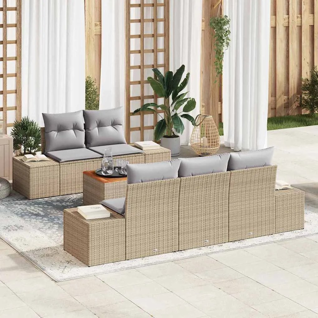 vidaXL Conjunto de Sofás de Jardim com 6 Peças e Almofadas em Rattan de Poliéster Bege