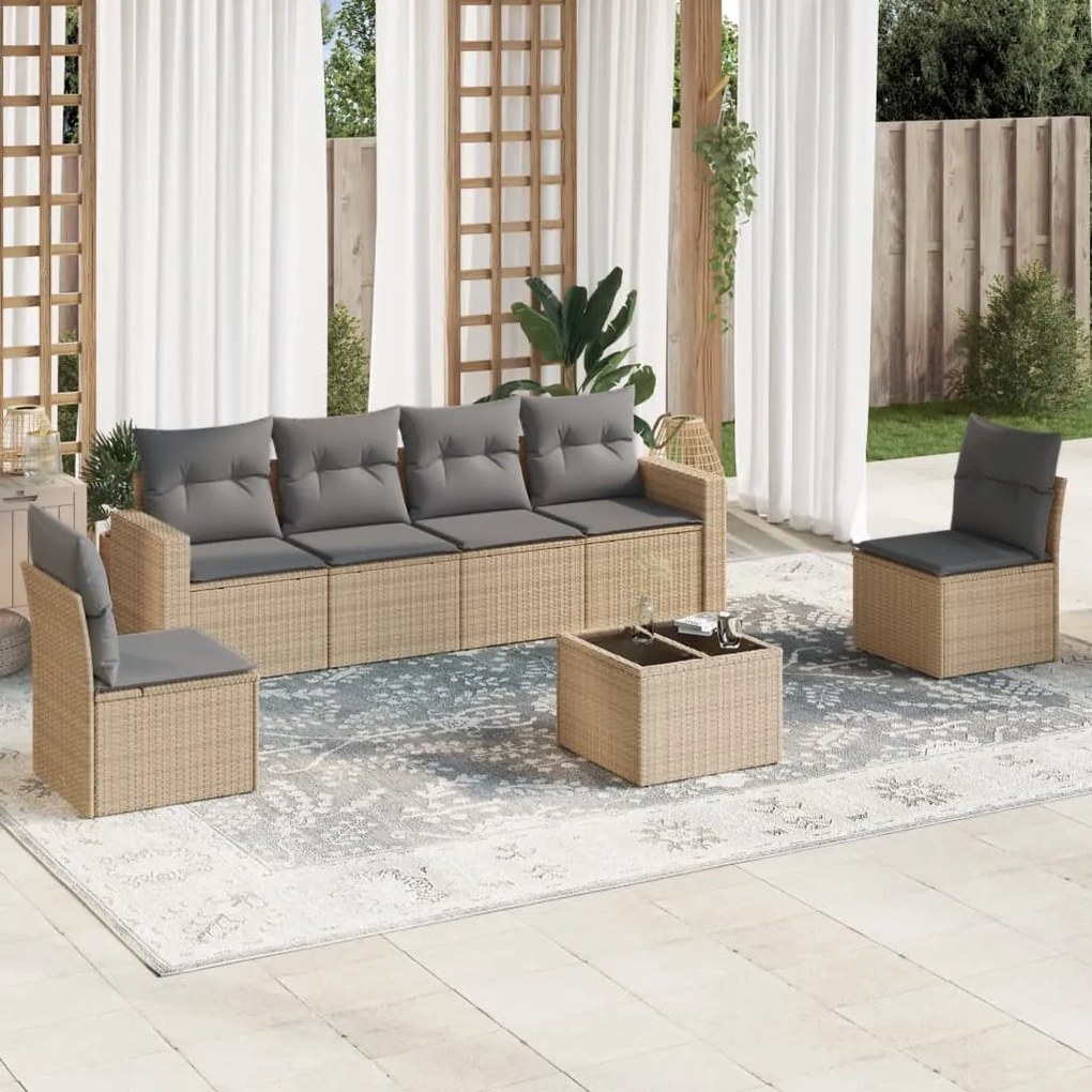 7 pcs conjunto de sofás p/ jardim com almofadões vime PE bege
