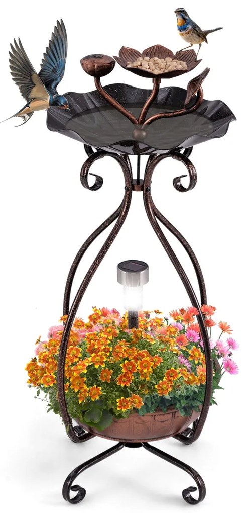 Conjunto Vintage de Banheira e Comedouro para Pássaros com Floreira com Pedestal e Luzes Solares Banheira Decorativa para Pássaros para Jardim - Bronz