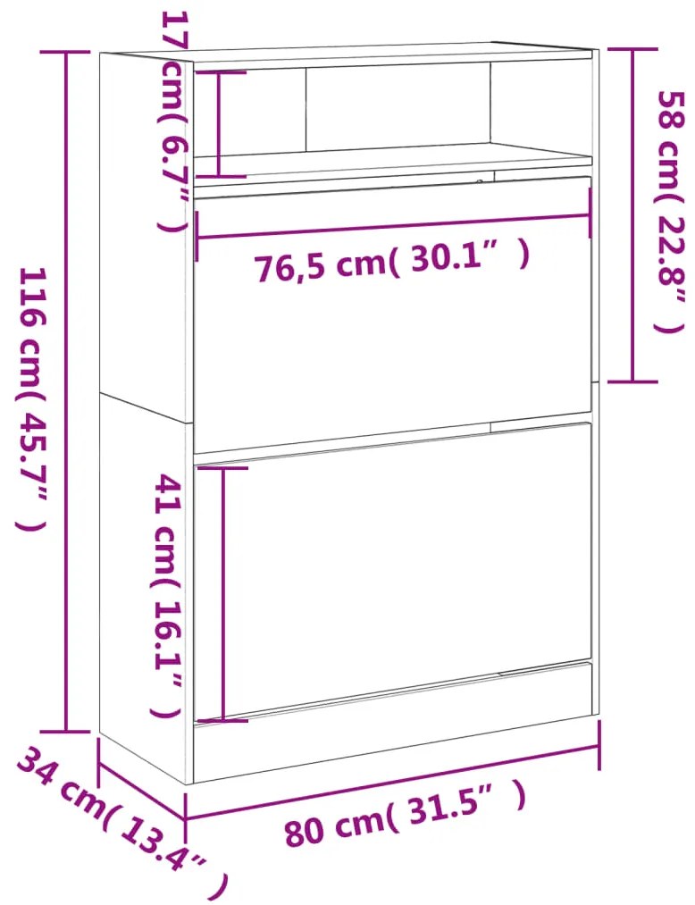 Sapateira c/ 2 gavetas articuladas 80x34x116 cm carvalho sonoma