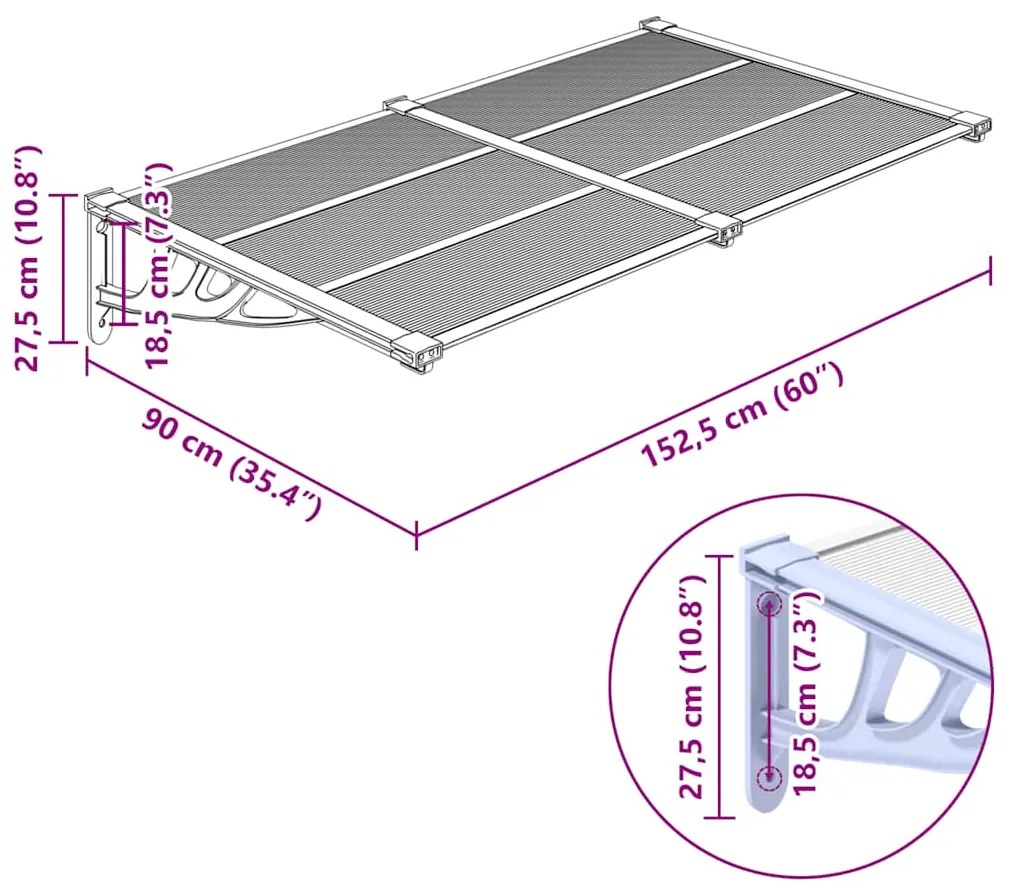 Toldo para porta 152,5x90cm policarbonato cinzento/transparente