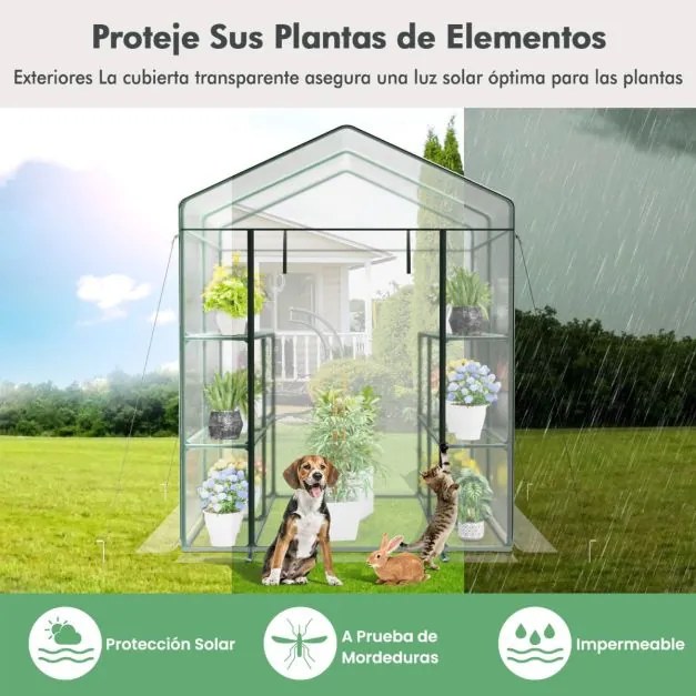Estufa de jardim 139 x 144 x 195 cm com 8 prateleiras Cobertura em PVC Porta enrolável com fecho de correr Estrutura metálica transparente