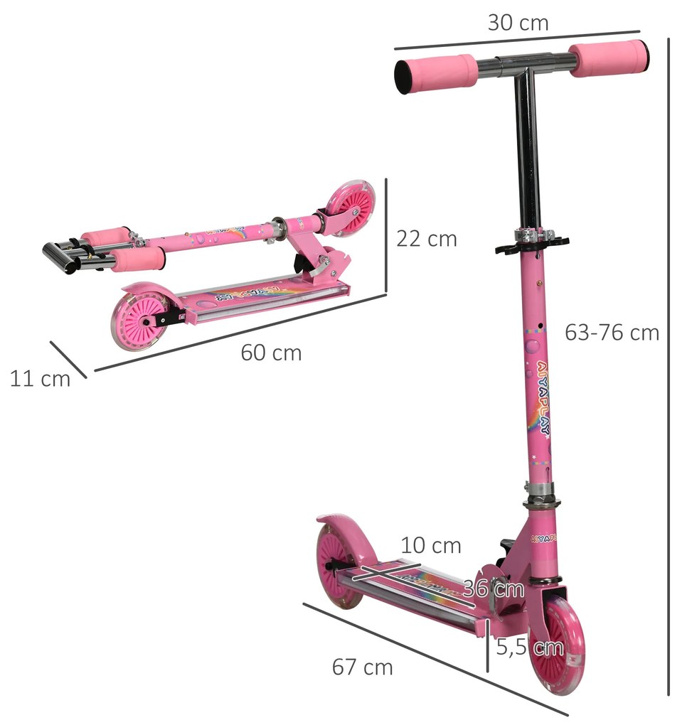 Trotinete para Crianças Dobrável com Luzes e Música 4 Alturas Ajustável Rodas Brilhantes e Pedal LED 67x32x65-78 cm Rosa
