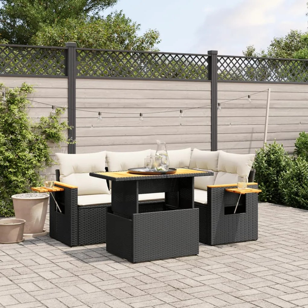 vidaXL 5 pcs conjunto sofás de jardim com almofadões vime PE preto