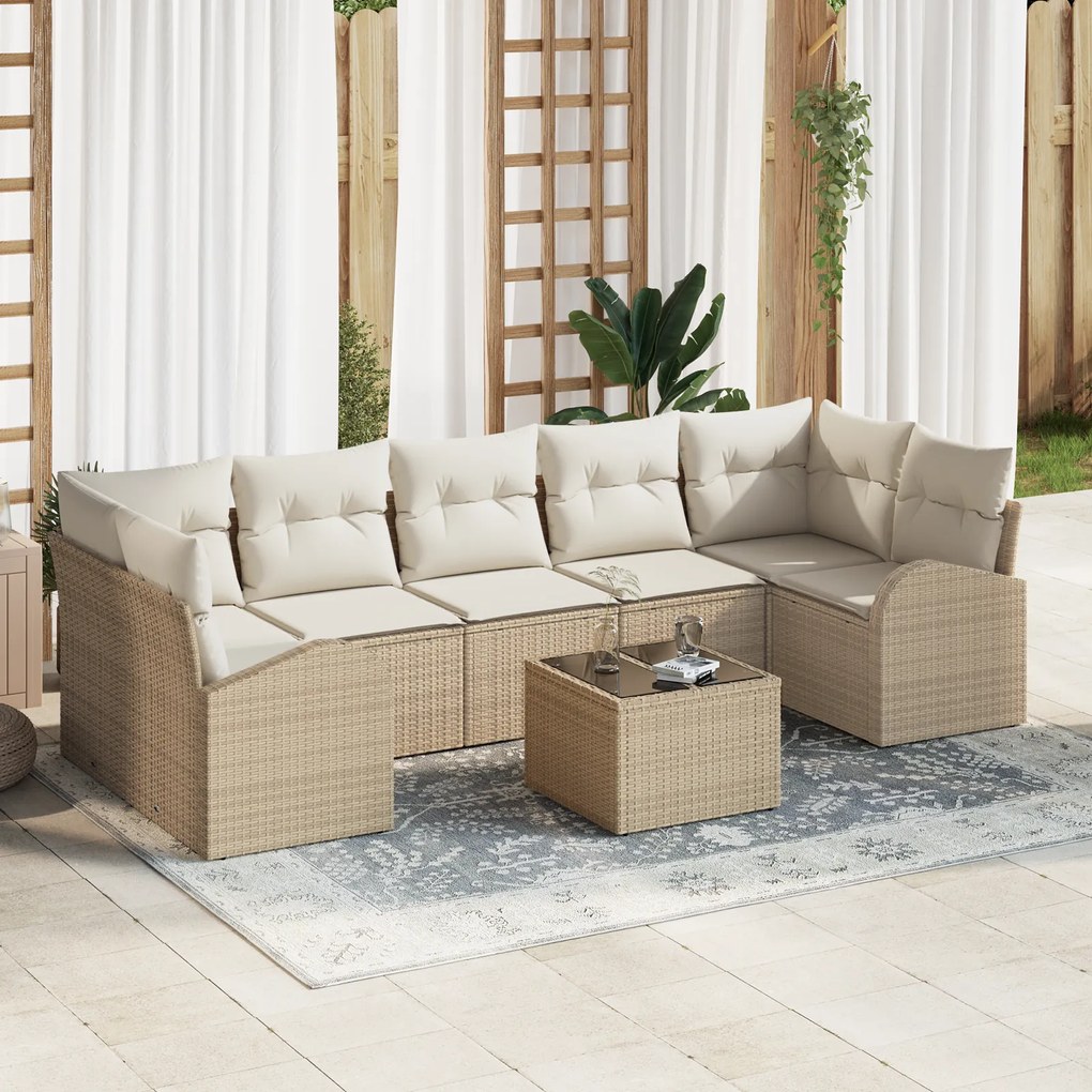 Conjunto de Sofás de Jardim de 8 Peças com Almofadas Bege Rattan Polié