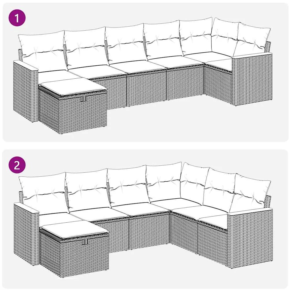 7 pcs conjunto sofás p/ jardim c/ almofadões vime PE cinzento
