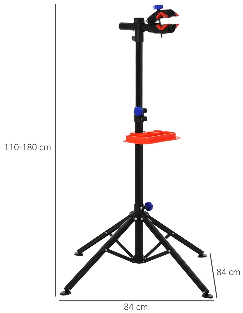 HOMCOM Suporte de reparo Cavalete de bicicleta portátil para casa Altura ajustável 110-180cm com 4 pernas Bandeja de ferramentas Até 25kg 84x84x180 Preto
