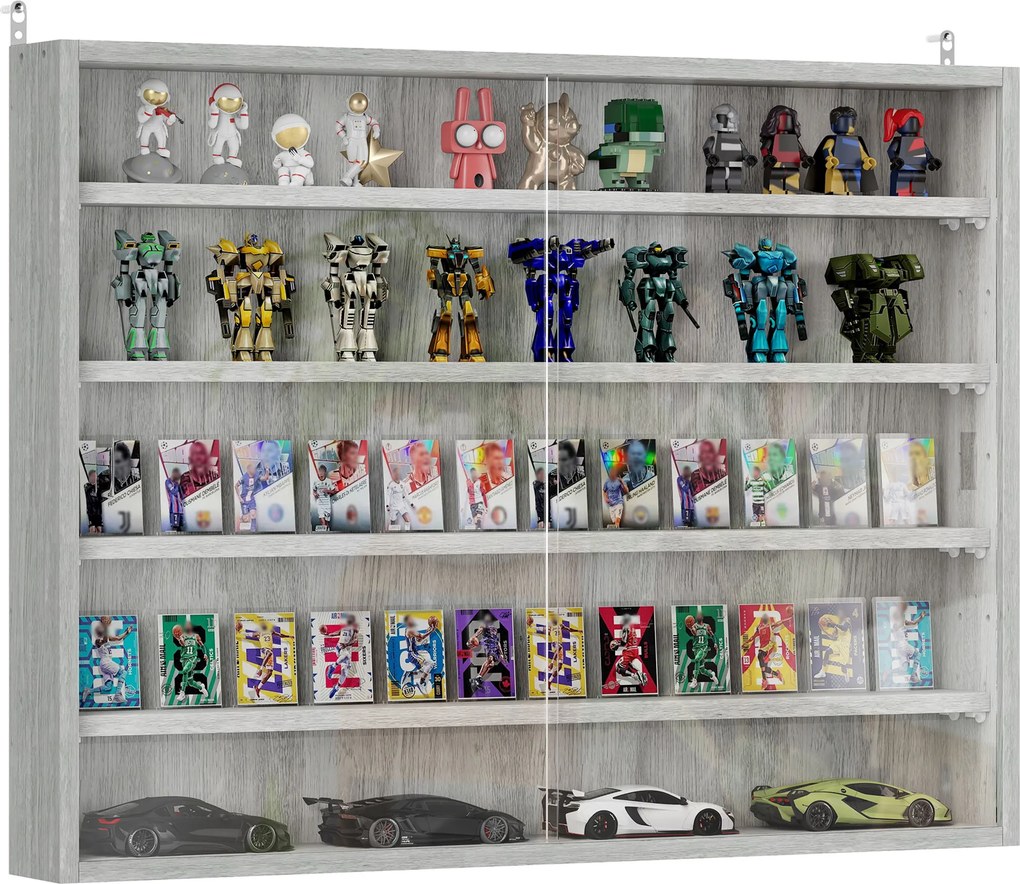 Vitrine de parede para objetos de coleção com 4 prateleiras reguláveis em altura e 2 portas de correr 80 x 9,5 x 60 cm cinzenta