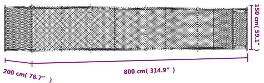 Jaula para cão com porta 8x2x1,5 m aço galvanizado cinzento