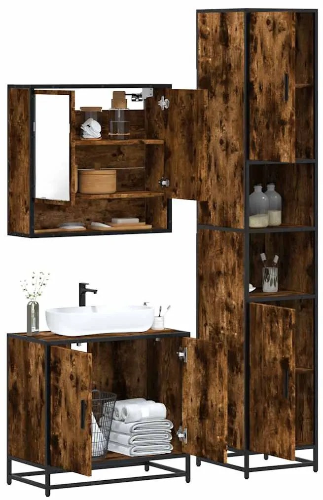 3 pcs conjunto de móveis WC madeira processada carvalho fumado