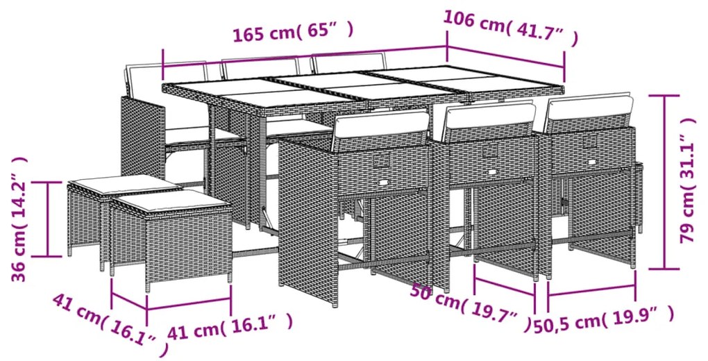 11 pcs conjunto de jantar p/ jardim com almofadões vime PE bege