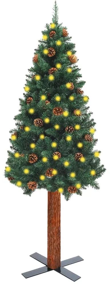 3077761 vidaXL Árvore de Natal fina + LED/mad. e pinhas genuínas 210 cm verde