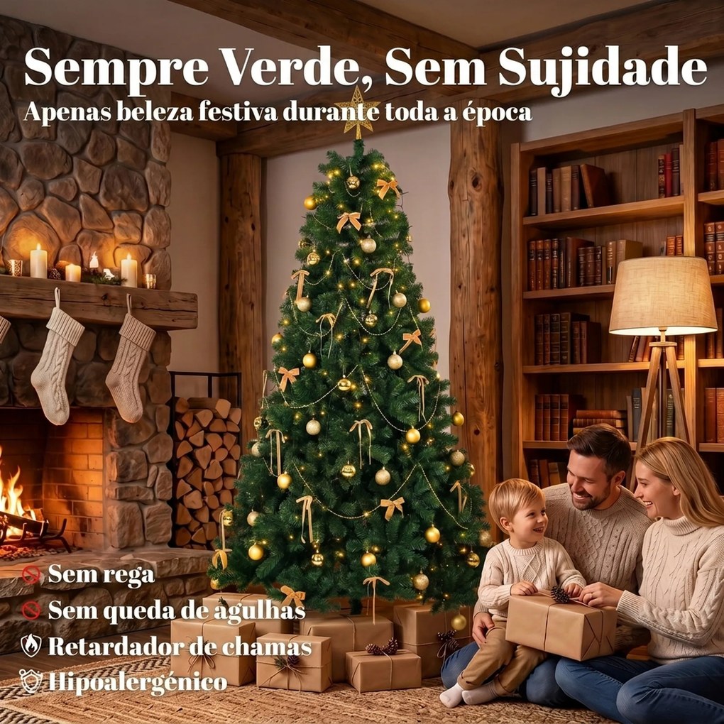 Árvore de Natal Decorativa 230 cm com 296 LED 1405 Ramos Ignífugos Estrela 42 Bolas 30 Laços e Decoração Dourada Verde