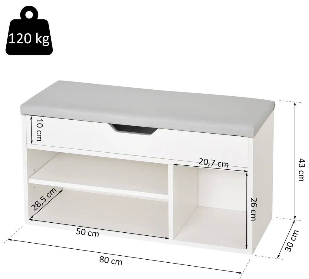 Sapateira com Assento Acolchoado Carga máxima de 120kg MDF 80x30x43cm Branco