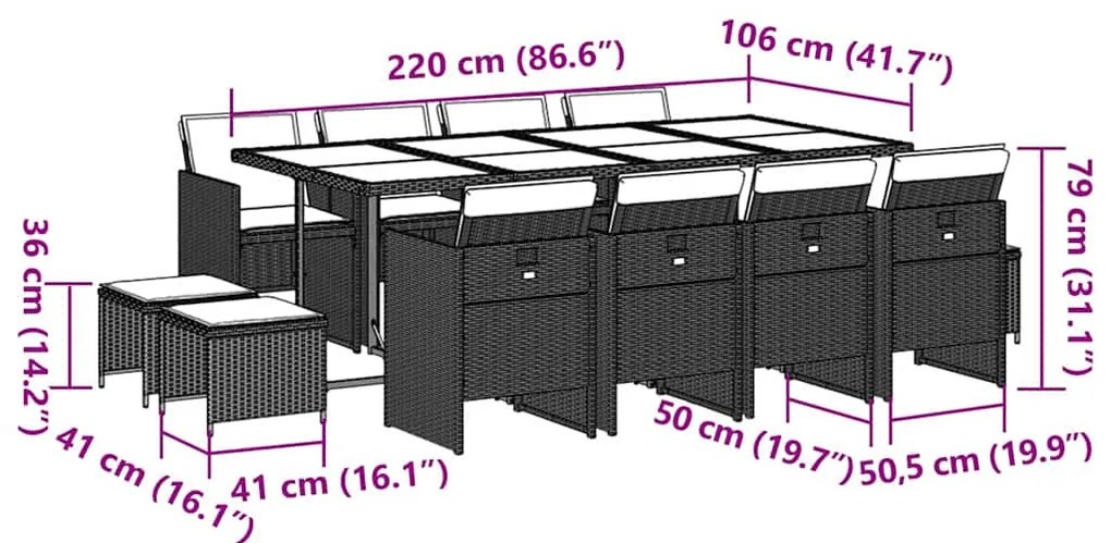 13 pcs conj. jantar jardim c/ almofadões vime PE cinzento-claro