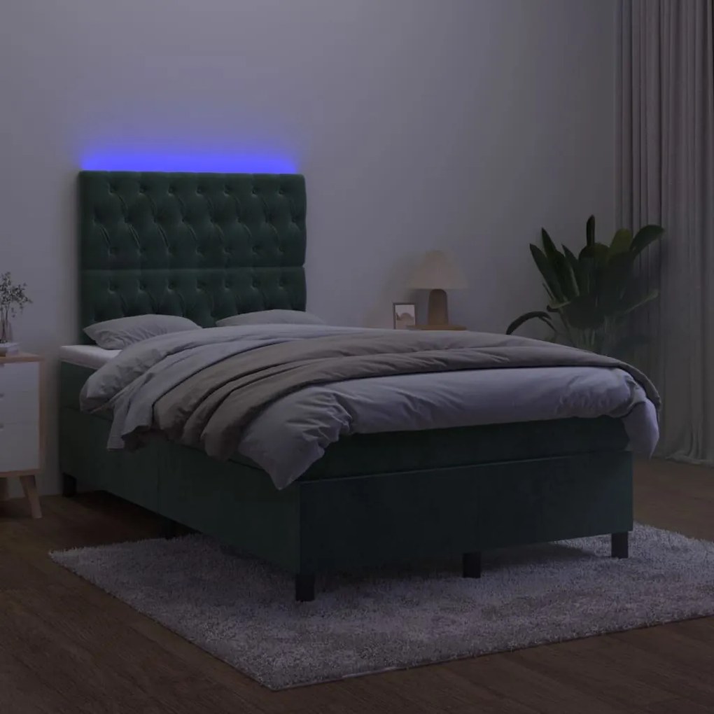 Cama box spring c/ colchão/LED 120x200 cm veludo verde-escuro