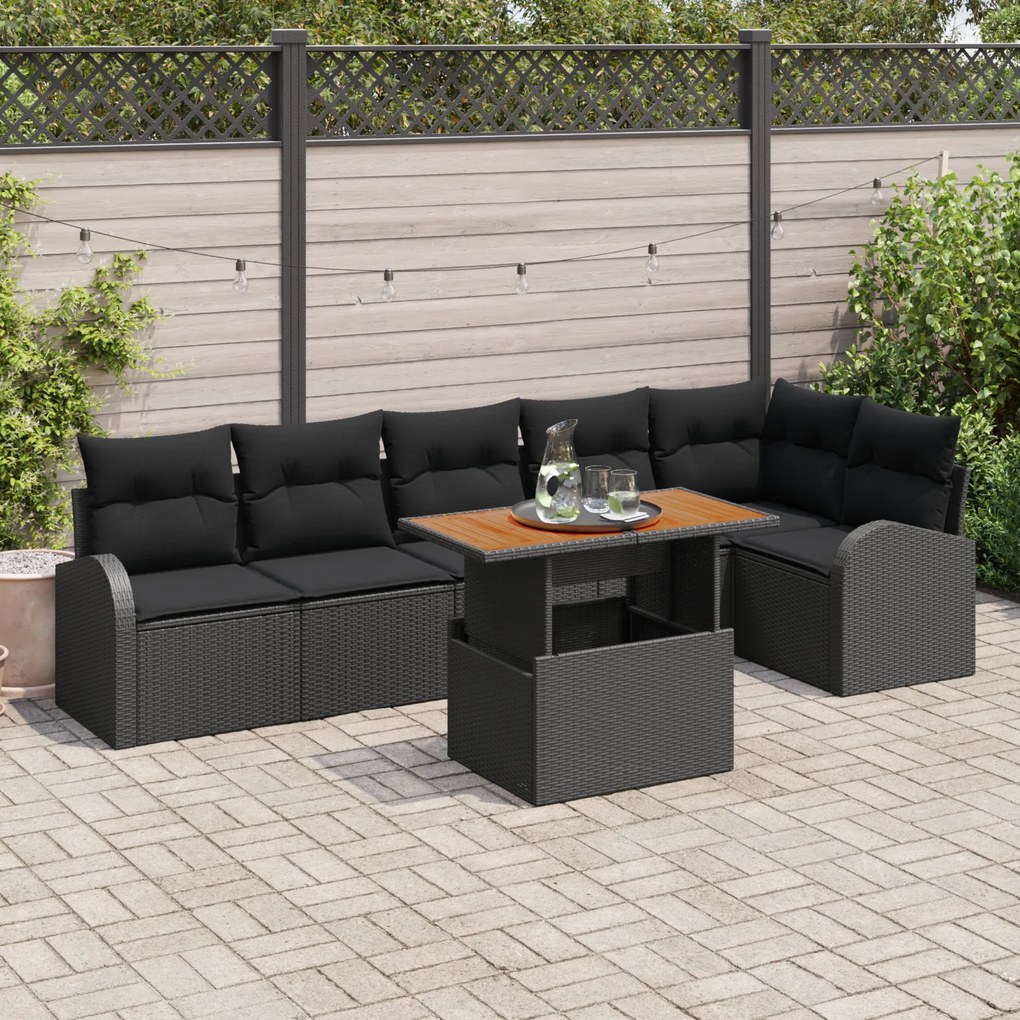 Conjunto de Sofás de Jardim de 7 Peças com Almofadas Preto Vime PE, So