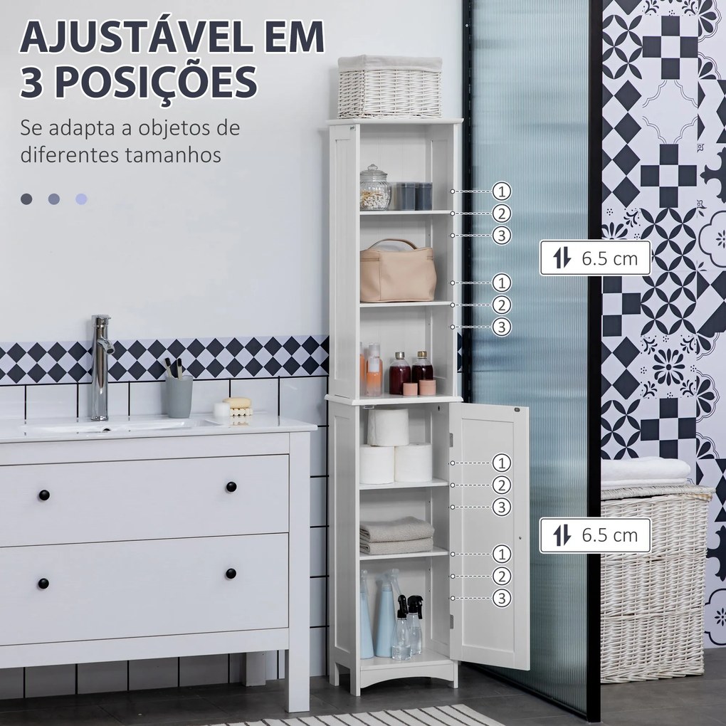 Coluna Casa de Banho Armário Alto Auxiliar para Casa de Banho com 3 Compartimentos de Armazenamento Porta e Prateleiras Ajustáveis 34x23x165cm Branco