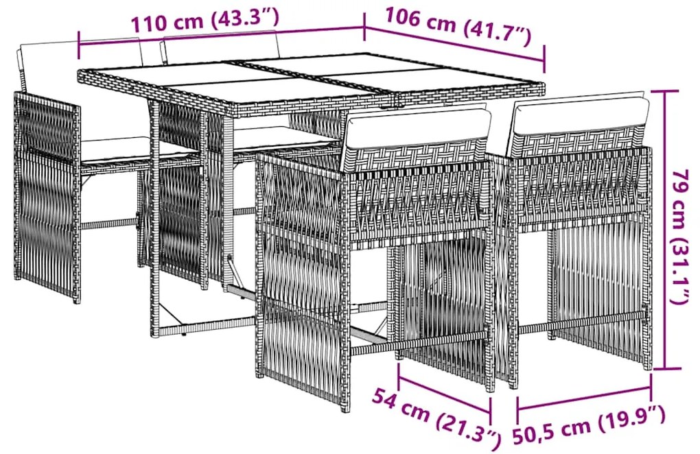5 pcs conjunto de jantar p/ jardim c/ almofadões vime PE cinza