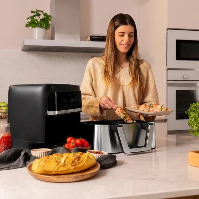 Fritadeira sem óleo Cecotec com capacidade de 9 L Cecofry Dual 9000 Airfryer dietética digital e compacta, com dupla temperatura, tecnologia PerfectCo