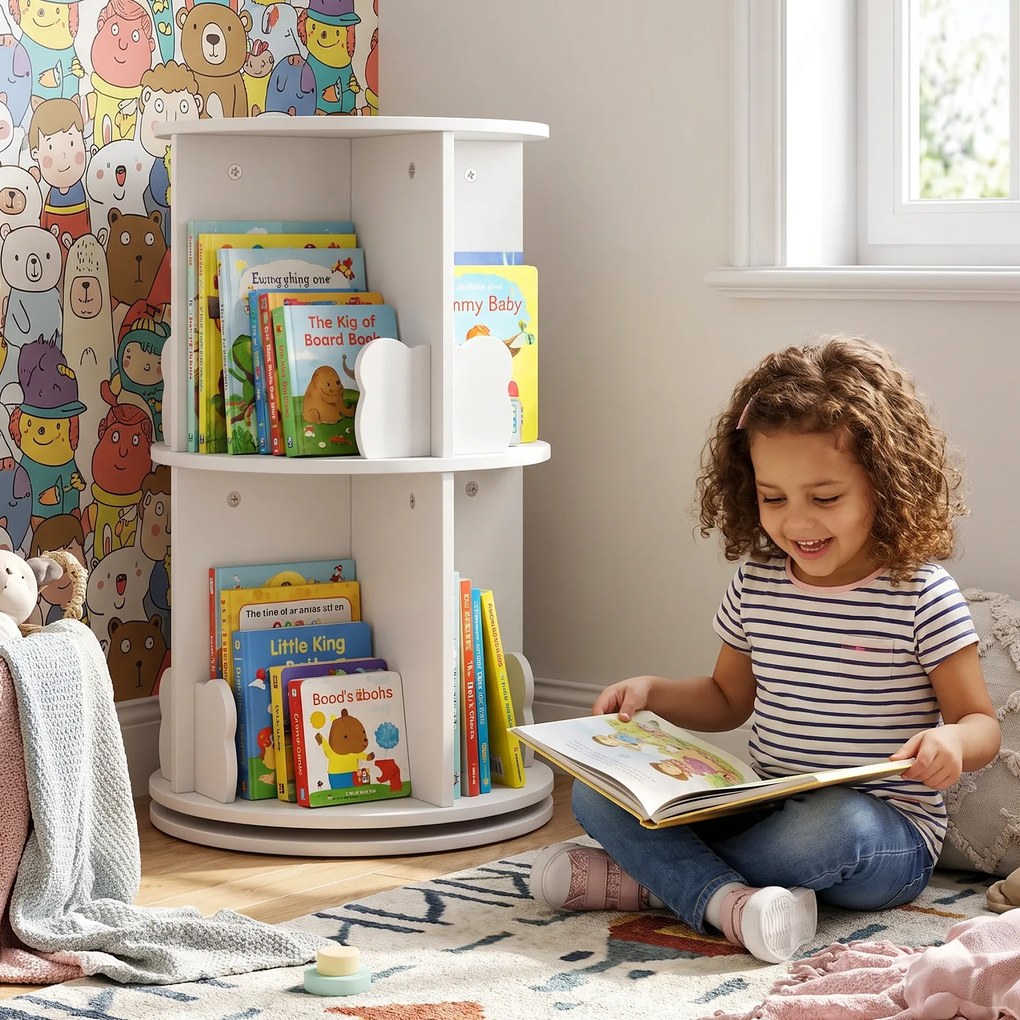 Estante Giratória Infantil para Livros, 40 x 40 x 65 cm, Rotação de 360 Graus, Branco