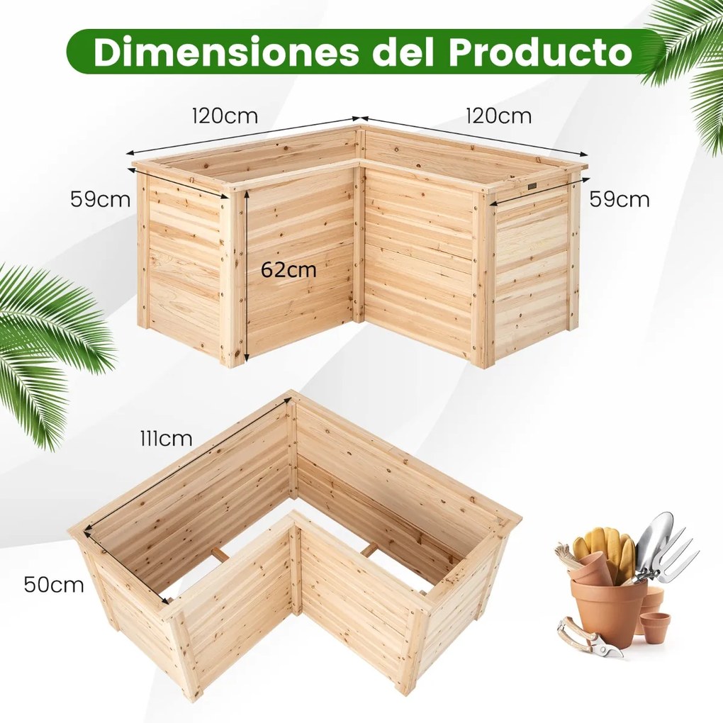 Floreira elevada para exterior com base aberta em forma de L 120 x 120 x 62 cm Natural