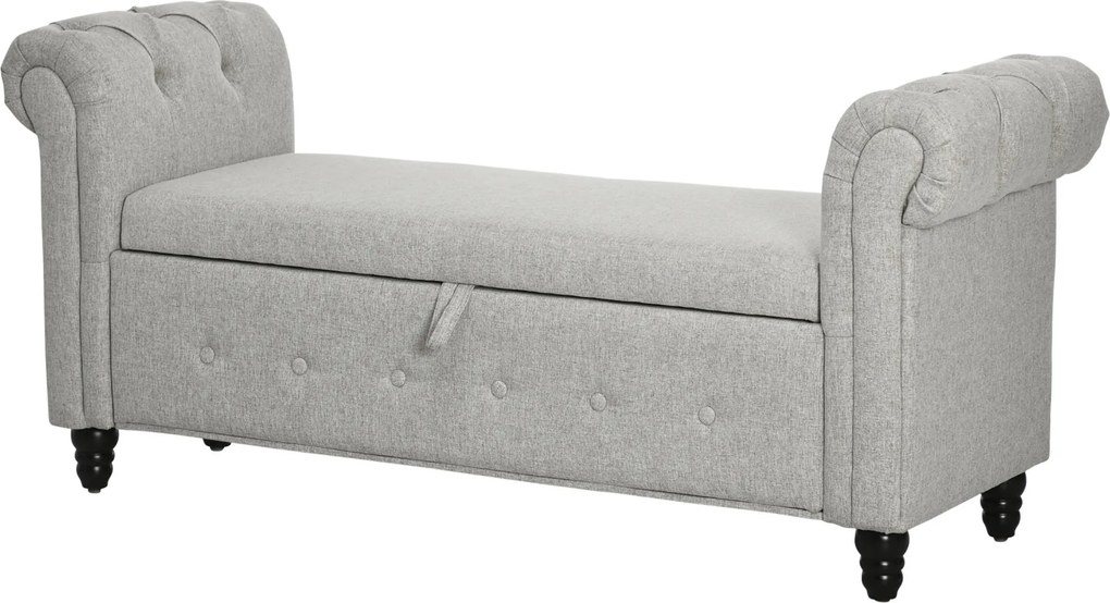 Banco com baú 2 em 1 em tecido com aspeto de linho e pés de madeira 146,5 x 49 x 72 cm cinzento