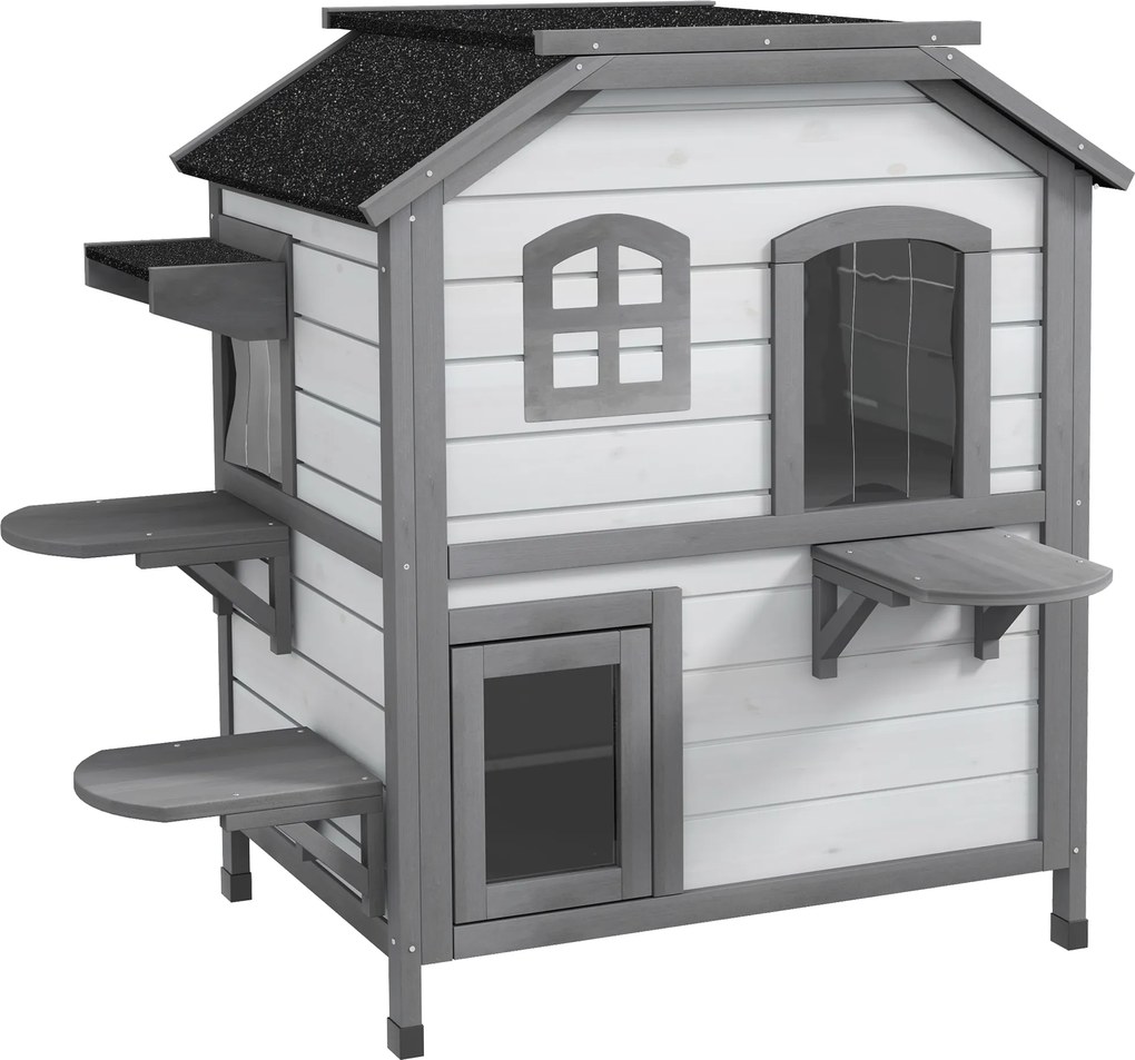 PawHut Casa para gatos Abrigo para gatos Toca para gatos, 2 andares, resistente às intempéries, 99,5 cm x 76 cm x 91 cm, Branco + Cinza | Aosom Portugal