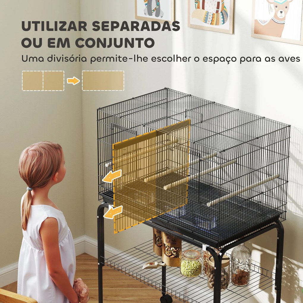 Gaiola para Pássaros com Divisória Rodas Gaiola para Aves com Comedouros Poleiros e Bandeja Removível 76x46x116 cm Preto
