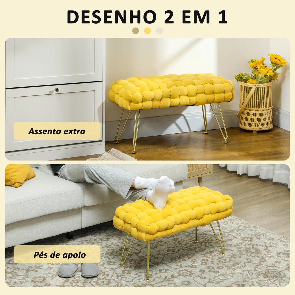 Apoio para os Pés Sala de Estar em Veludo com Pés de Metal e Assento Acolchoado para Dormitório Entrada 76x38x41,5 cm Amarelo