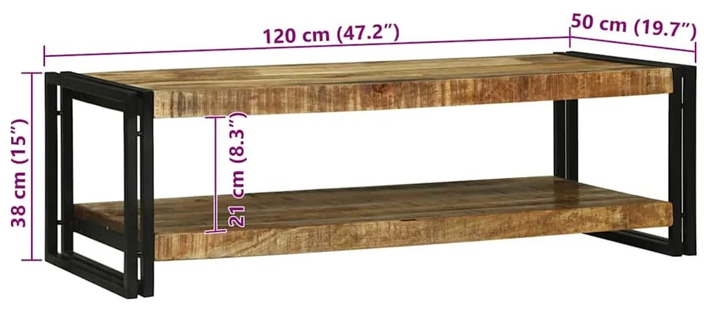 Mesa de Café 120x50x38 cm Madeira Sólida Rústica de Mangueira
