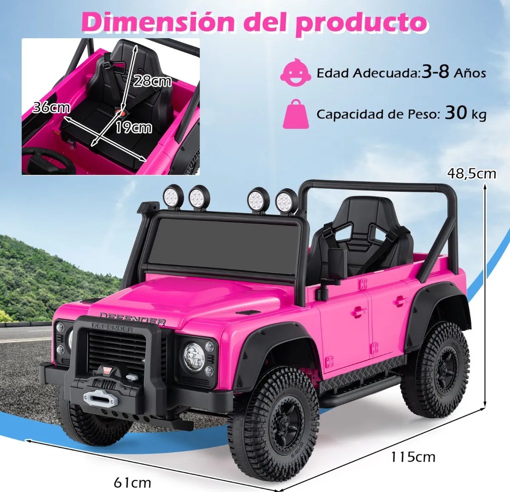 Jipe Land Rover Defender elétrico infantil 12V com comando à distância, suspensão completa, faróis e música para idades entre 3 e 8 anos, Rosa