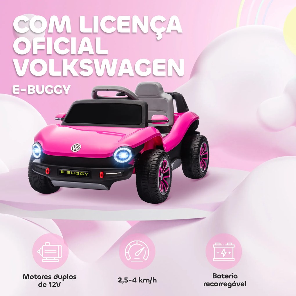 Carro Elétrico para Crianças Volkswagen E-Buggy Bateria 12V com Controlo Remoto 2,4 G Faróis LED Música USB 98x56,5x47 cm Rosa