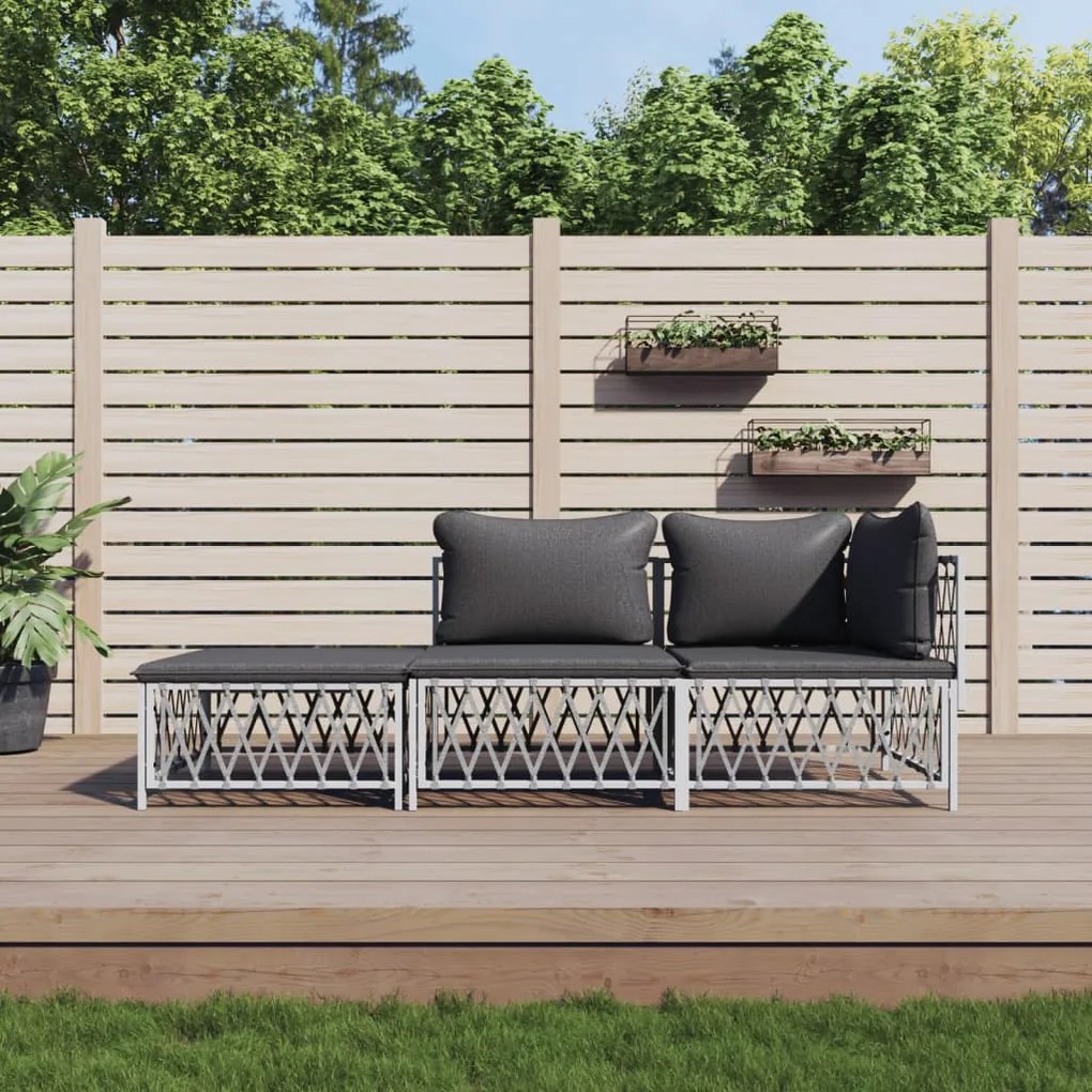 vidaXL 3 pcs conjunto lounge de jardim com almofadões aço branco