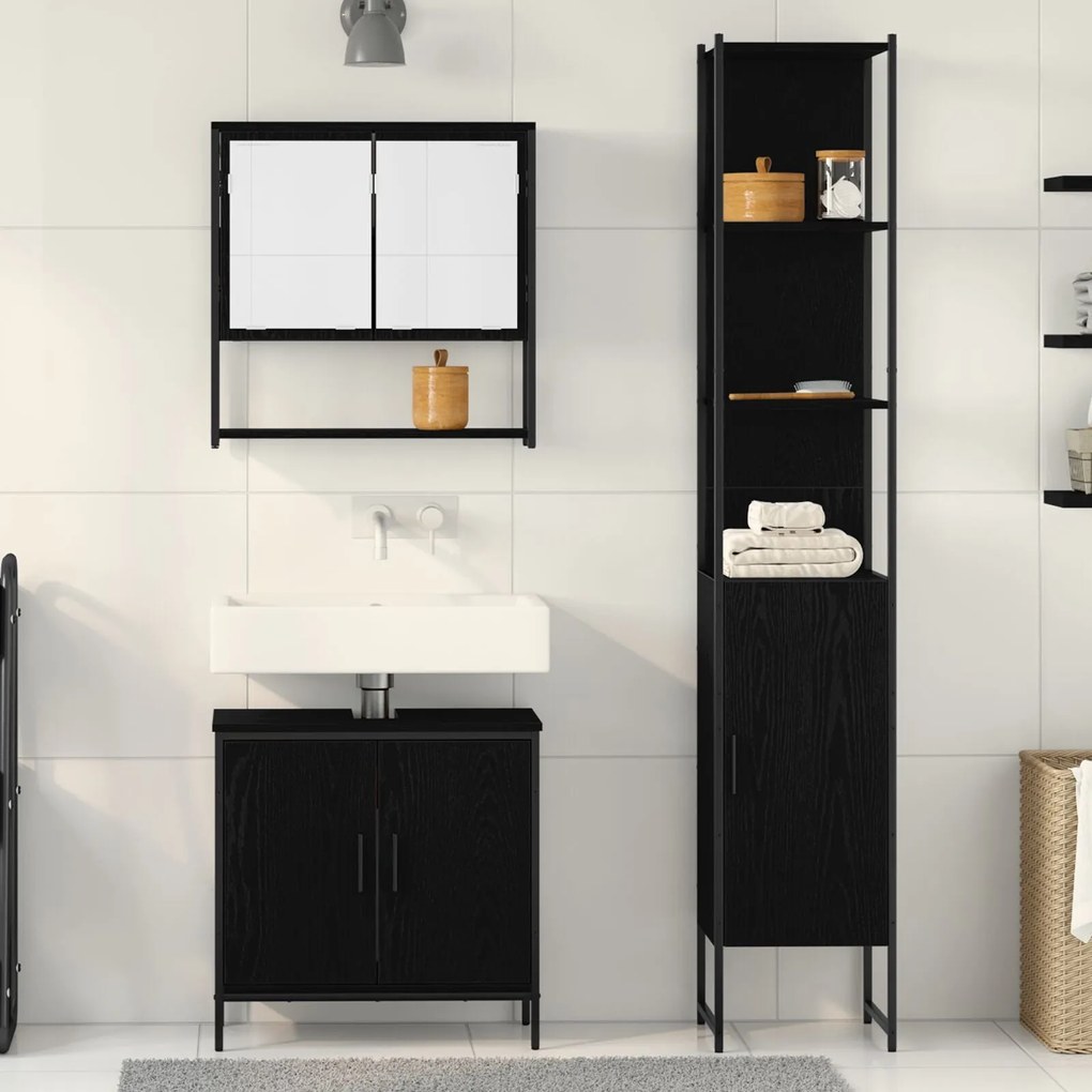 Conjunto de Móveis de Banheiro em 3 Peças Preto Carvalho Madeira Engen